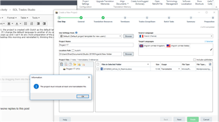Trados Studio error message 'The project must include at least one translatable file' displayed on the project creation screen with German selected as the source language.