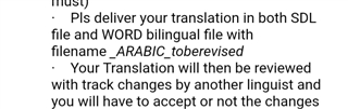 Screenshot of Trados Studio instructions specifying delivery of translation in SDL file and WORD bilingual file with filename _ARABIC_toberevised.