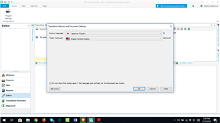 Trados Studio new project window with source language selected as 'English (United States)' and target language as 'Spanish (Spain)'. OK button is visible but not functioning.