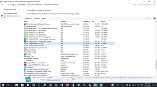 Screenshot of 'Uninstall or change a program' window with SDL Trados Studio 2017 R1 highlighted, indicating it is installed.