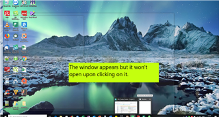 Screenshot showing a desktop with a message overlay stating 'The window appears but it won't open upon clicking on it.' with a small preview of the Trados Studio find and replace dialog box.