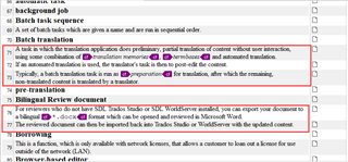 Screenshot of Trados Studio interface showing multiple segments with complete sentences separated into individual segments, highlighted with red boxes indicating the need for merging.