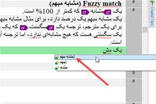 Trados Studio screenshot showing a Fuzzy match window with a red arrow pointing to a dropdown menu with options 'New', 'Edit', and 'Delete'.
