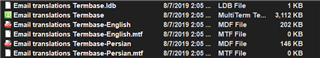 File explorer window showing a list of Trados Studio termbase files with different languages such as English and Persian, saved in the default directory.