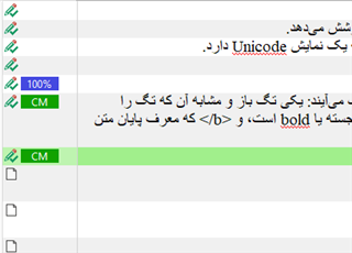 Screenshot of Trados Studio interface showing three segments. The first segment is confirmed with an Auto-Propagated label, the second and third segments are labeled with CM indicating Context Match.