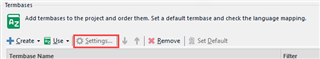 Trados Studio Termbase window showing the Settings button disabled and highlighted in red.