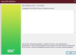 Screenshot of the 'About SDL MultiTerm' window showing version 2019 - 15.0.4.56035 with copyright and license information.
