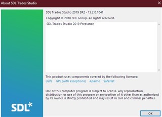 Screenshot of the 'About SDL Trados Studio' window showing version 2019 SR2 - 15.2.0.1041 with copyright and license information.