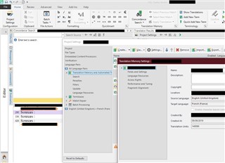 Screenshot of Trados Studio 2019 SR2 Freelance showing the Editor View with Project Settings window open, displaying Translation Memory Settings.