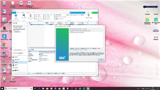 Screenshot of a desktop with Trados Studio update confirmation dialog box open, showing successful update to version SDL Trados Studio 2019 SR2-15.2.0.1041.