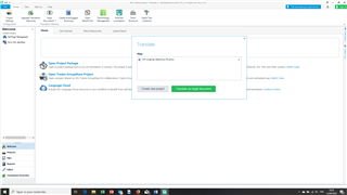 Screenshot of SDL Trados Studio 2019 showing the 'Translate Files' dialog box with an option to 'Create new project' or 'Translate as single document'.