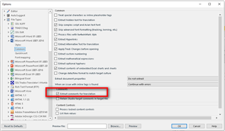 Trados Studio 2019 SP2 options menu with 'Extract comments for translation' option highlighted and a warning message 'Option will disable Regex in Find'.