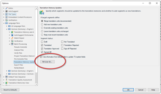 Trados Studio options menu showing Translation Memory Updates section with an error message displayed when trying to change the TM User ID.