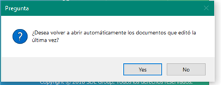 Trados Studio dialog box asking 'Do you want to automatically reopen the documents you edited last time?' with Yes and No options.