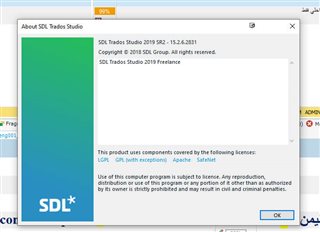 About SDL Trados Studio dialog box showing version 2019 SR2 - 15.2.6.2831, copyright information, and license details.