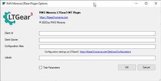 Trados Studio window for RWS Moravia MT Gear Plugin Options with empty fields for Client ID, Client Secret, and Configuration Alias. Two URLs are provided for configuration settings.
