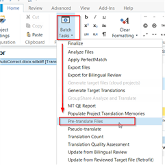 Trados Studio screenshot showing the Batch Tasks menu with the Pre-translate Files option highlighted.