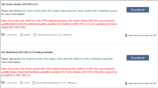 Screenshot of SDL Trados Studio 2017 SR1 CU15 download page, with a highlighted update notice for MultiTerm 2017 and a 'Download' button.