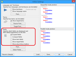 Screenshot of Trados Studio Hitlist Settings window showing options for Language and TermBases, Terms, and Fields with 'Show term fields' and 'Show plusminus buttons' highlighted in red.