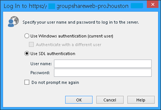 Log in to server pop-up window in Trados Studio with options for Windows authentication, SDL authentication, and fields for username and password.
