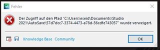 Error message in Trados Studio stating 'Access to the path C:UserseseidDocumentsStudio 2021AutoSave57d7dcc7-3374-4473-a78d-56cdfe743057 was denied.' with an OK button.