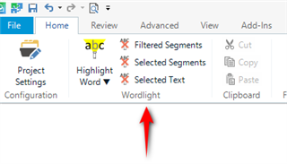Trados Studio interface showing the Wordlight ribbon group with options for highlighting text.