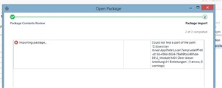 Trados Studio Open Package dialog box showing an error during 'Package Import' step 2 of 2, with a message 'Could not find a part of the path C:UsersIan...' and a list of file paths. Importing package progress is visible but incomplete.