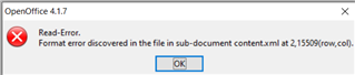 Error message from OpenOffice 4.1.7 stating 'Read Error. Format error discovered in the file in sub-document content.xml at 2,159(row,col).'