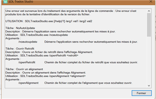 Error message in SDL Trados Studio stating 'An error occurred during the processing of command line arguments: An error occurred while trying to identify the version of the file.'