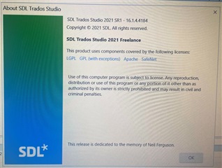 About SDL Trados Studio window displaying version information, copyright, license details, and a dedication to the memory of Neil Ferguson.