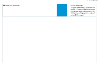 Trados Studio error message displaying 'Ein Teil des Pfades C:UsersdanielgDocumentsStudio 2019Projects...' cannot be found, with a red exclamation mark indicating a critical warning.