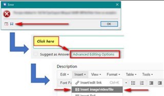 Screenshot of a forum post with arrows pointing to 'Click here' and 'Advanced Editing Options' buttons.