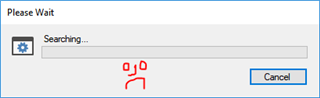 Trados Studio screenshot showing a 'Please Wait' dialog with a 'Searching...' message and a progress bar that is not filled, indicating a search is in progress. A 'Cancel' button is available. A red scribble appears near the progress bar.