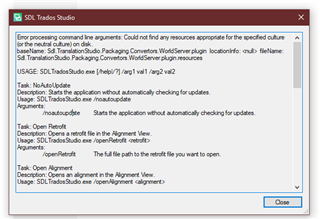 Error message in SDL Trados Studio stating 'Error processing command line arguments: Could not find any resources appropriate for the specified culture or the neutral culture on disk.' followed by usage instructions for various tasks.
