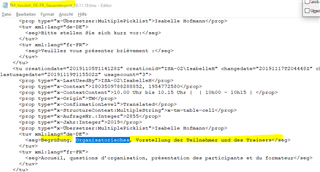 Trados Studio TM export opened in an editor highlighting the segment 'Begr ung, Organisatorisches, Vorstellung der Teilnehmer und des Trainers' which contains the keyword.