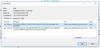 SDL Trados Studio Task Results window showing two warnings. First, 'File Skipped' due to inability to identify the file type. Second, 'Pre-Scanning' indicating the selected INDD file was created by an unsupported version of Adobe InDesign.