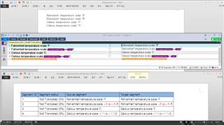 Screenshot of Trados Studio interface showing a segment with tags for Fahrenheit, Celsius temperature scales, and a warning for a missing tag in the target segment.