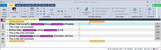 Screenshot of Trados Studio interface before clicking the OneClick plugin icon, showing the translation grid with comments column.