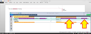 Screenshot of Trados Studio showing a segment with a comment. Two red arrows point to the OpeningTag and ClosingTag in the target segment.