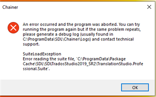 Error message in Trados Studio installation on Bootcamp: 'An error occurred and the program was aborted. SuiteLoadException Error reading the suite file.' with a path to the log file and suite file.