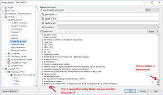 Screenshot of Trados Studio QA Checker 3.0 Regular Expression window showing the scroll bar at the bottommost position with the last entry partially visible and text in red indicating an entry below that cannot be seen.
