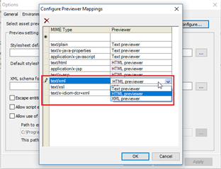 Configure Previewer Mappings dialog in Trados Studio with 'textxml' mapped to 'HTML previewer'.
