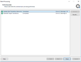 Trados Studio Batch Processing window showing tasks 'Update Main Translation Memories' and 'Generate Target Translations' both completed with 110 warnings displayed.