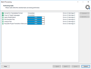 Trados Studio batch processing window stuck at 80% on 'Analyze Files' task with no errors or warnings displayed.