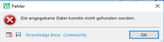 Error message in Trados Studio stating 'The specified file could not be found' with an OK button and links to Knowledge Base and Community.