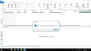 Trados Studio 2015 interface with an error message popup saying 'an error occurred while trying to determine the file version'.