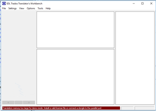 Screenshot of SDL Trados Translator's Workbench with an error message: 'translation memory too large for demo mode. install a valid license file or connect a dongle to the parallel port'.