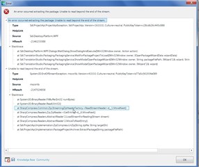 Error message in Trados Studio stating 'Error processing command line arguments: An error occurred extracting the package. Unable to read beyond the end of the stream.' with details of the source and stack trace below.