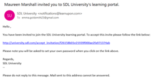 Email from SDL University notifications with an invitation link to join SDL University's learning portal, sender's email marked as suspicious.