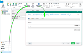 Screenshot of Trados Studio showing the alignment function active with a green arrow pointing to 'Align Documents' under 'Translation Memories' tab.